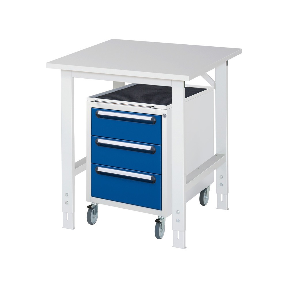 Číslo obrázku produktu 1: Dílenská sestava RAU TOM 2dílná, s pracovním stolem, VxŠxH 760-1080 x 750 x 800 mm, pracovní deska s melaminovým povrchem, plus mobilní kontejner se 3 zásuvkami, VxŠxH 690 x 480 x 600 mm