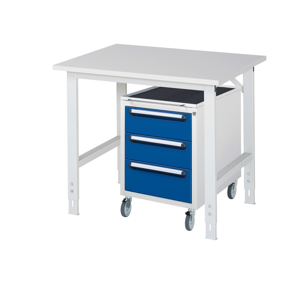 Číslo obrázku produktu 1: Dílenská sestava RAU TOM 2dílná, s pracovním stolem, VxŠxH 760-1080 x 1000 x 800 mm, pracovní deska s melaminovým povrchem, plus mobilní kontejner se 3 zásuvkami, VxŠxH 690 x 480 x 600 mm