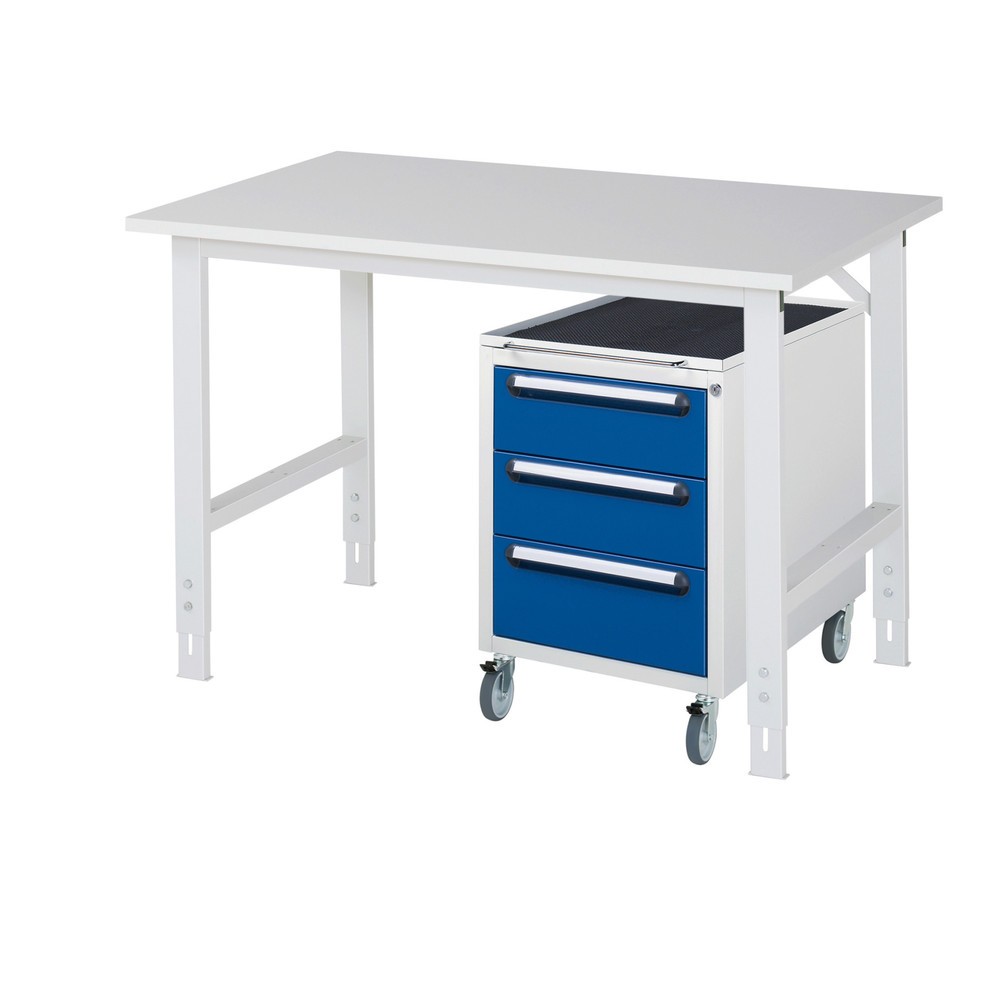 Číslo obrázku produktu 1: Dílenská sestava RAU TOM 2dílná, s pracovním stolem, VxŠxH 760-1080 x 1250 x 800 mm, pracovní deska s melaminovým povrchem, plus mobilní kontejner se 3 zásuvkami, VxŠxH 690 x 480 x 600 mm