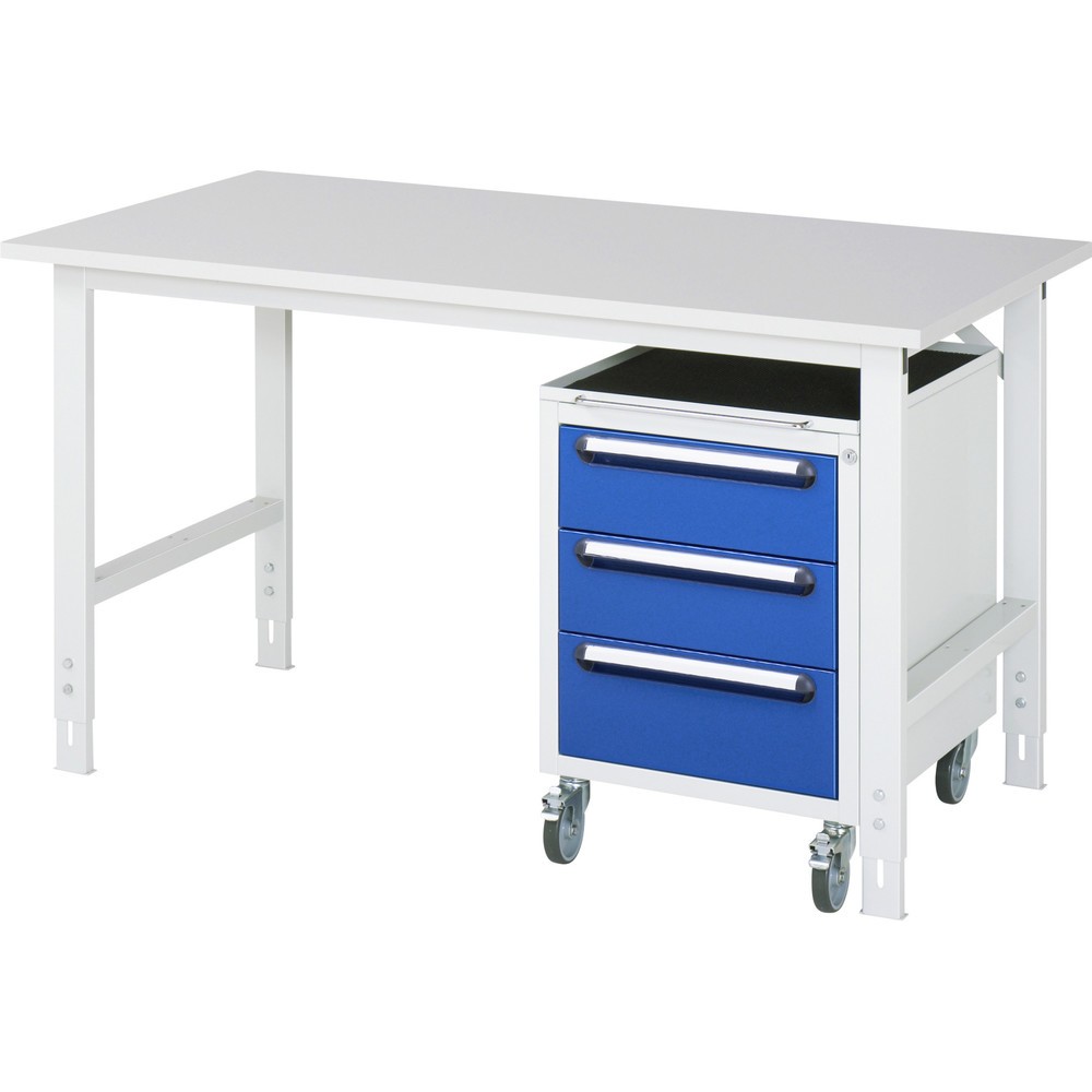 Obrázek produktu: Dílenská sestava RAU TOM 2dílná, s pracovním stolem, VxŠxH 760-1080 x 1500 x 800 mm, pracovní deska s melaminovým povrchem, plus mobilní kontejner se 3 zásuvkami, VxŠxH 690 x 480 x 600 mm