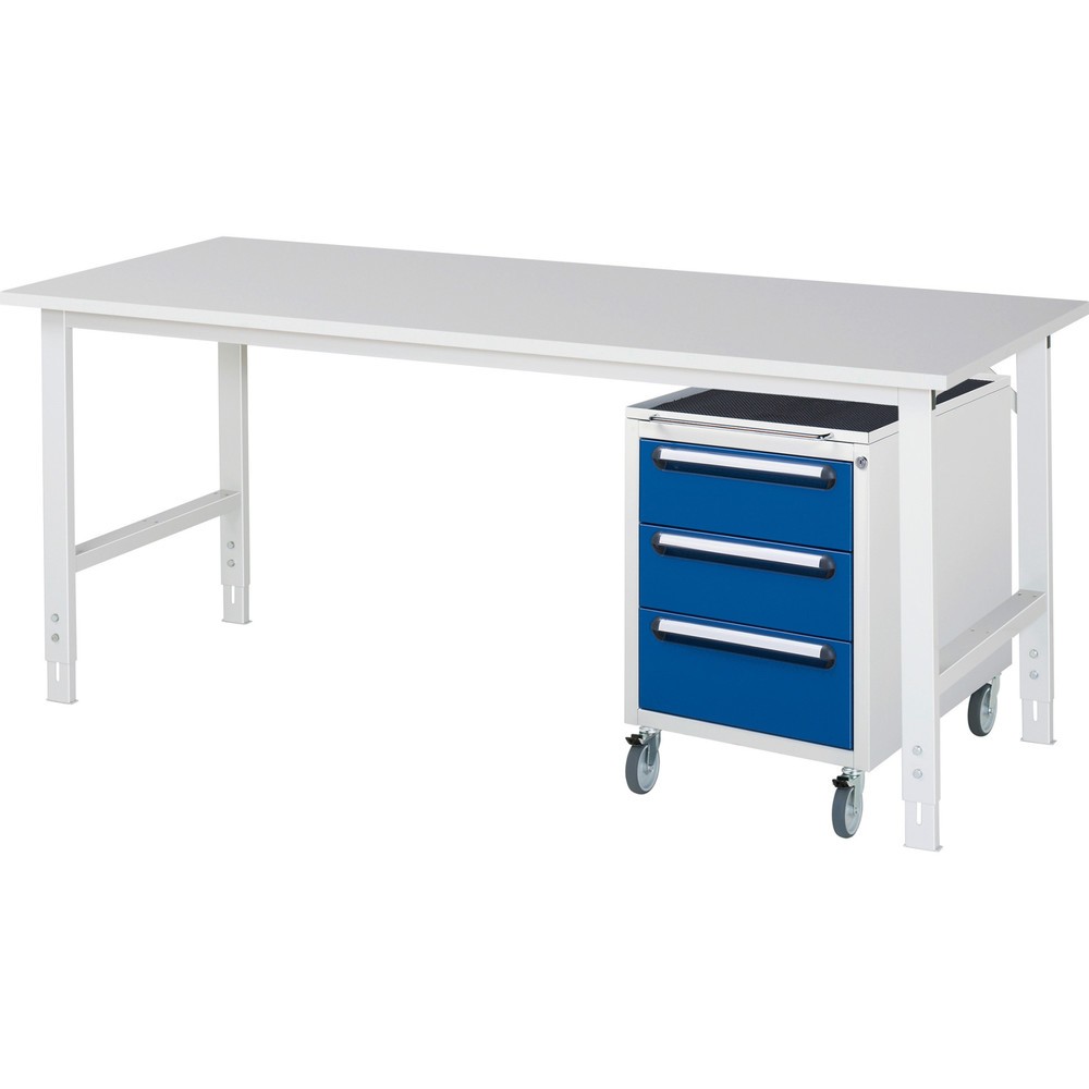 Číslo obrázku produktu 1: Dílenská sestava RAU TOM 2dílná, s pracovním stolem, VxŠxH 760-1080 x 2500 x 800 mm, pracovní deska s melaminovým povrchem, plus mobilní kontejner se 3 zásuvkami, VxŠxH 690 x 480 x 600 mm