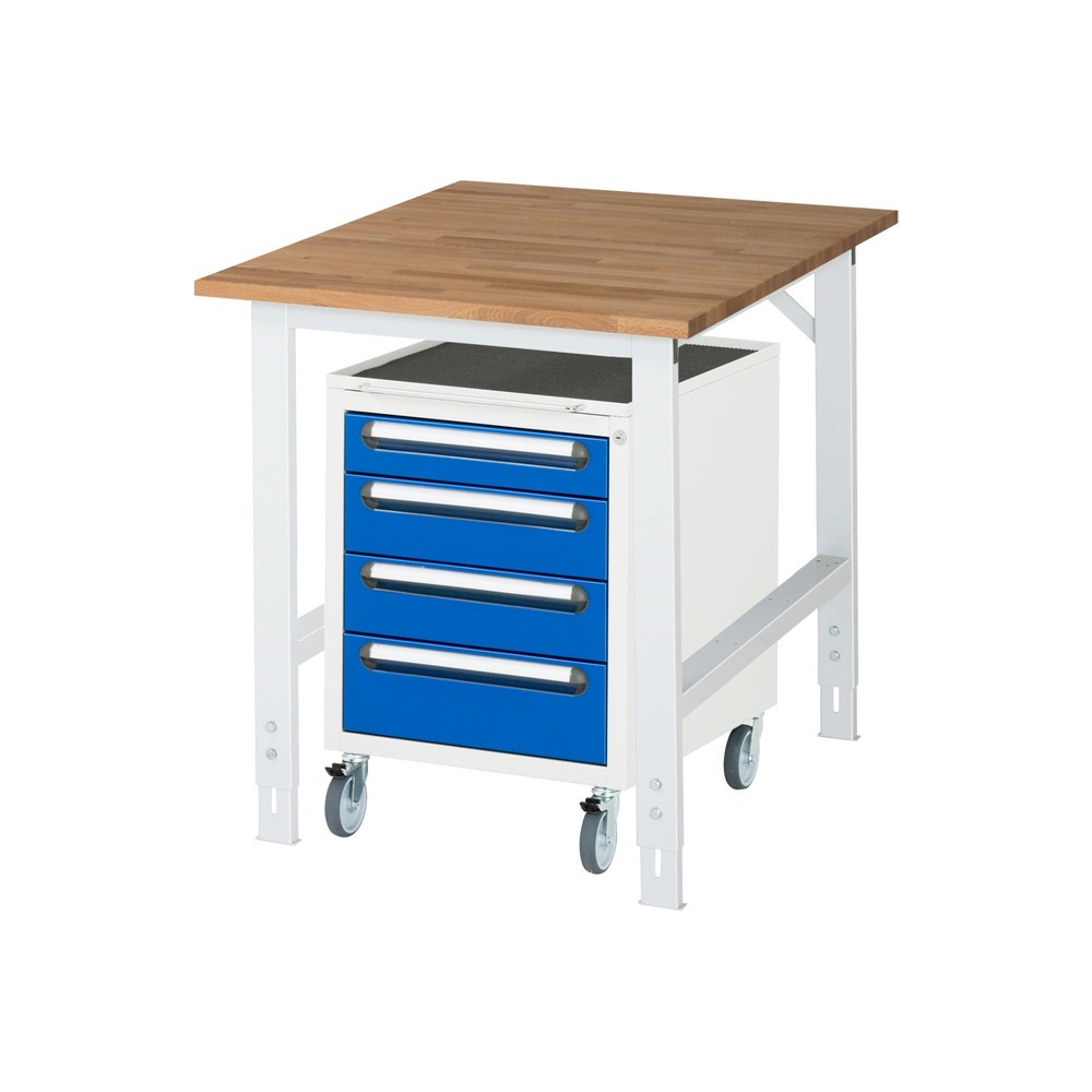 Číslo obrázku produktu 1: Dílenská sestava RAU TOM 2dílná, s pracovním stolem, VxŠxH 760-1080 x 750 x 1000 mm, pracovní deska z bukového masivu, plus mobilní kontejner se 3 zásuvkami, VxŠxH 690 x 480 x 600 mm