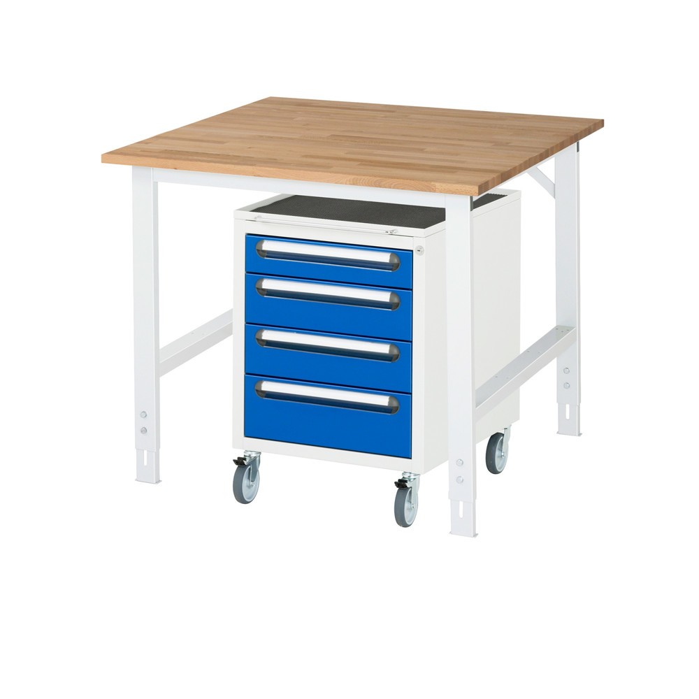 Obrázek produktu: Dílenská sestava RAU TOM 2dílná, s pracovním stolem, VxŠxH 760-1080 x 1 000 x 1000 mm, pracovní deska z bukového masivu, plus mobilní kontejner se 3 zásuvkami, VxŠxH 690 x 480 x 600 mm
