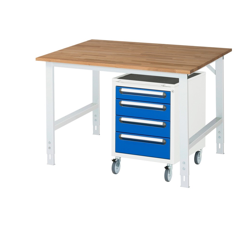 Číslo obrázku produktu 1: Dílenská sestava RAU TOM 2dílná, s pracovním stolem, VxŠxH 760-1080 x 1 250 x 1000 mm, pracovní deska z bukového masivu, plus mobilní kontejner se 3 zásuvkami, VxŠxH 690 x 480 x 600 mm