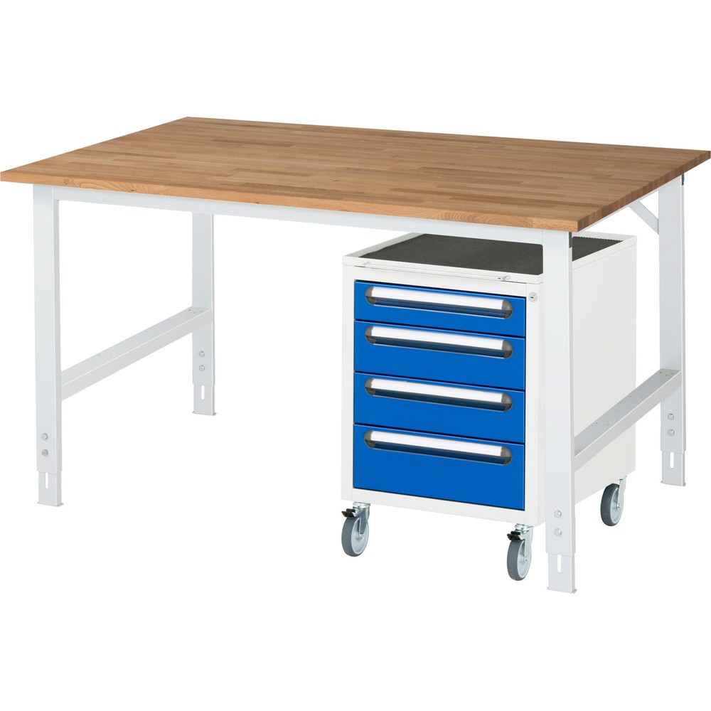 Obrázek produktu: Dílenská sestava RAU TOM 2dílná, s pracovním stolem, VxŠxH 760-1080 x 1 500 x 1000 mm, pracovní deska z bukového masivu, plus mobilní kontejner se 3 zásuvkami, VxŠxH 690 x 480 x 600 mm
