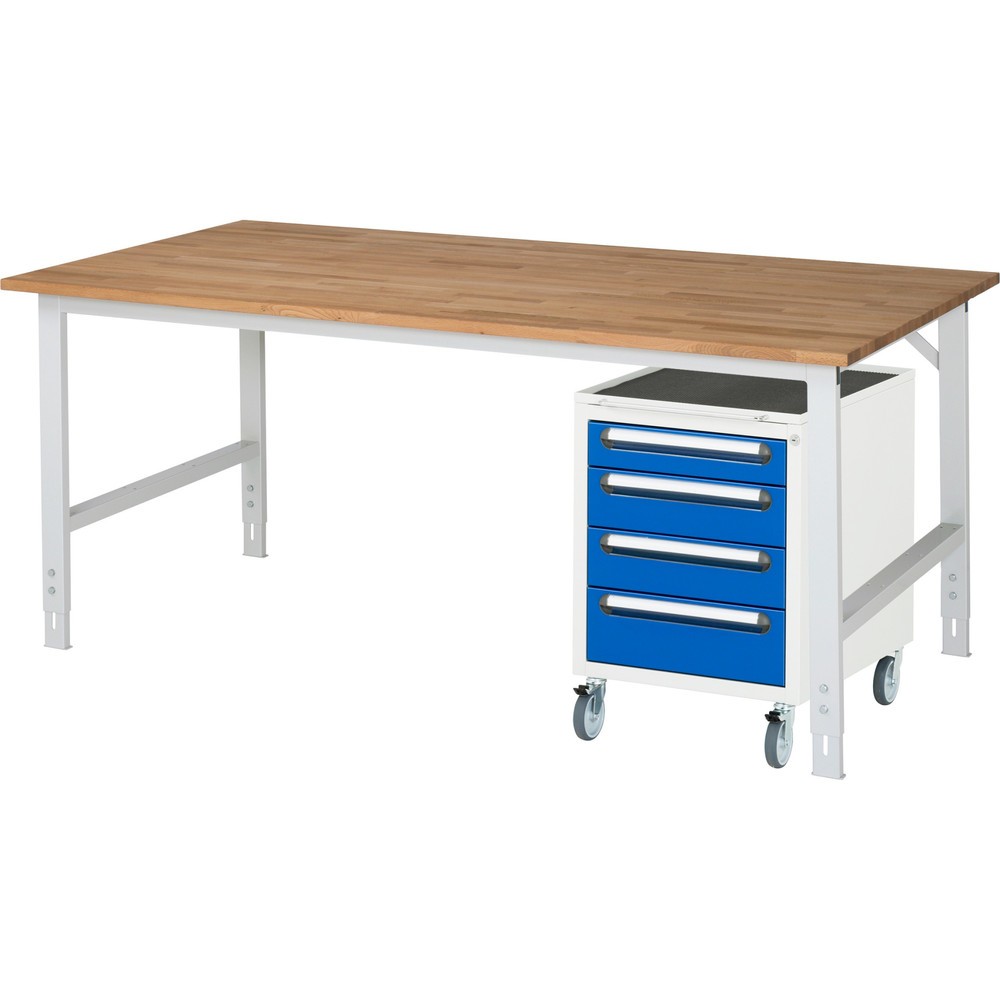 Číslo obrázku produktu 1: Dílenská sestava RAU TOM 2dílná, s pracovním stolem, VxŠxH 760-1080 x 2 500 x 1000 mm, pracovní deska z bukového masivu, plus mobilní kontejner se 3 zásuvkami, VxŠxH 690 x 480 x 600 mm