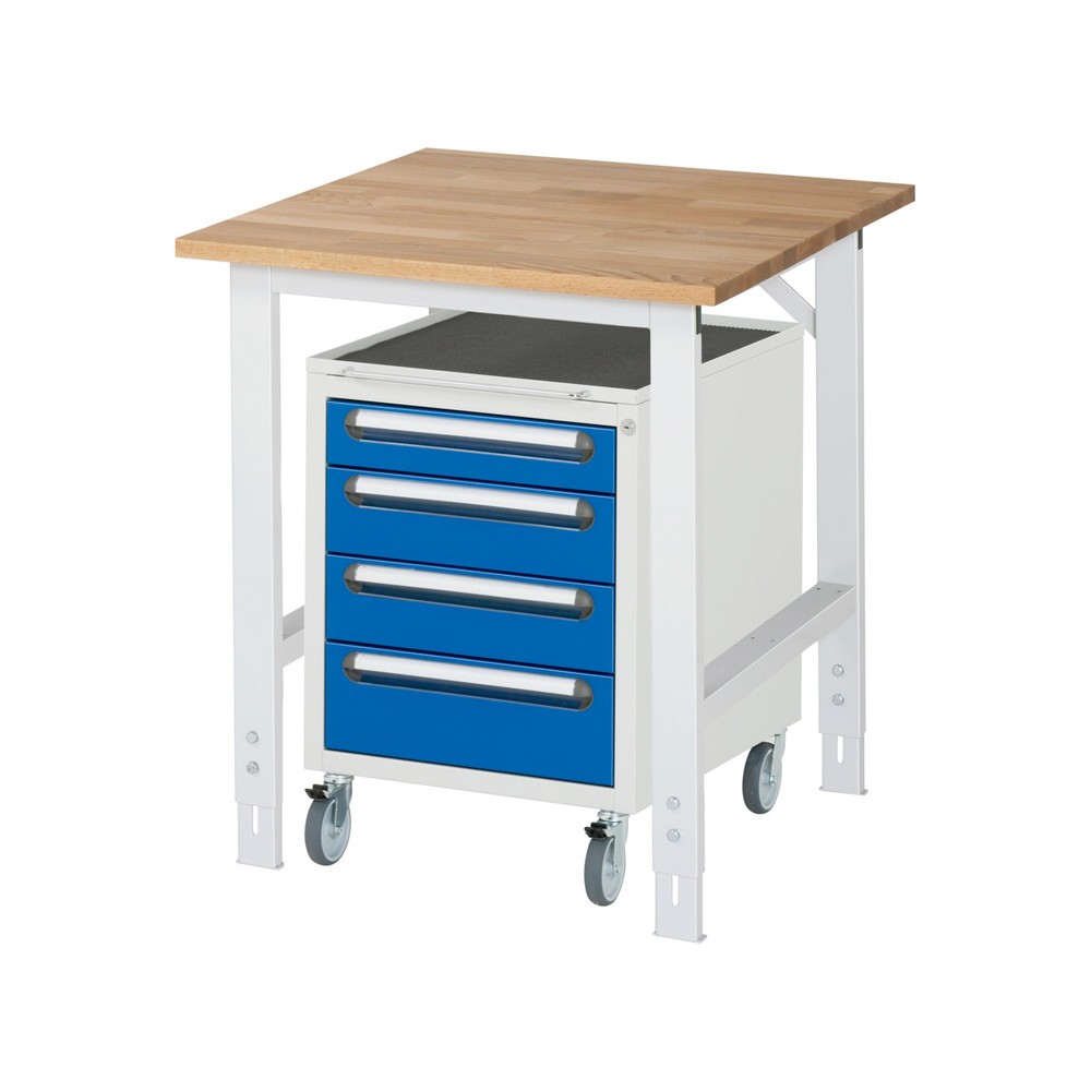 Obrázek produktu: Dílenská sestava RAU TOM 2dílná, s pracovním stolem, VxŠxH 760-1080 x 750 x 800 mm, pracovní deska z bukového masivu, plus mobilní kontejner se 3 zásuvkami, VxŠxH 690 x 480 x 600 mm