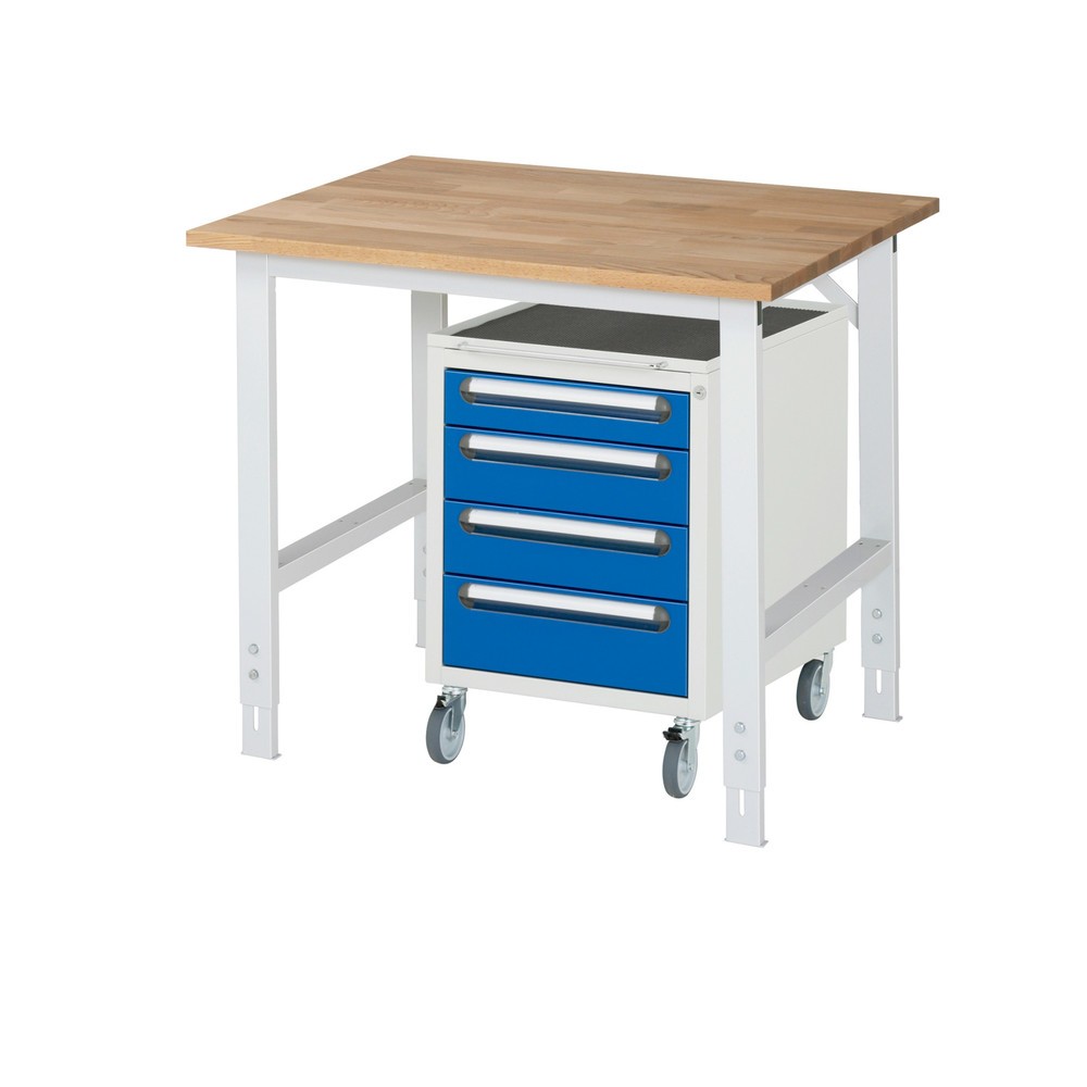Číslo obrázku produktu 1: Dílenská sestava RAU TOM 2dílná, s pracovním stolem, VxŠxH 760-1080 x 1 000 x 800 mm, pracovní deska z bukového masivu, plus mobilní kontejner se 3 zásuvkami, VxŠxH 690 x 480 x 600 mm