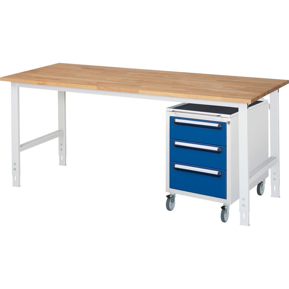 Číslo obrázku produktu 1: Dílenská sestava RAU TOM 2dílná, s pracovním stolem, VxŠxH 760-1080 x 2 500 x 800 mm, pracovní deska z bukového masivu, plus mobilní kontejner se 3 zásuvkami, VxŠxH 690 x 480 x 600 mm
