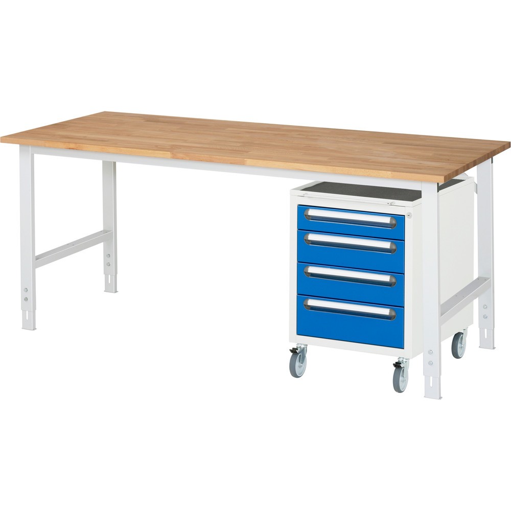 Číslo obrázku produktu 1: Dílenská sestava RAU TOM 2dílná, s pracovním stolem, VxŠxH 760-1080 x 2 500 x 800 mm, pracovní deska z bukového masivu, plus mobilní kontejner se 3 zásuvkami, VxŠxH 690 x 480 x 600 mm