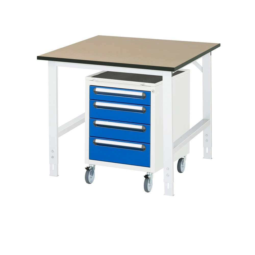Číslo obrázku produktu 1: Dílenská sestava RAU TOM 2dílná, s pracovním stolem, VxŠxH 760-1080 x 1 000 x 1000 mm, pracovní deska MDF, plus mobilní kontejner se 3 zásuvkami, VxŠxH 690 x 480 x 600 mm