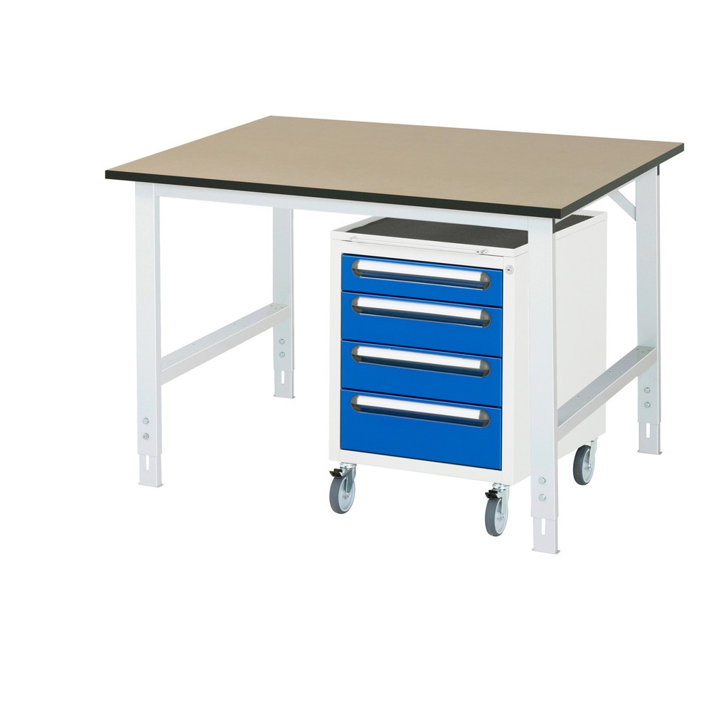 Číslo obrázku produktu 1: Dílenská sestava RAU TOM 2dílná, s pracovním stolem, VxŠxH 760-1080 x 1 250 x 1000 mm, pracovní deska MDF, plus mobilní kontejner se 3 zásuvkami, VxŠxH 690 x 480 x 600 mm