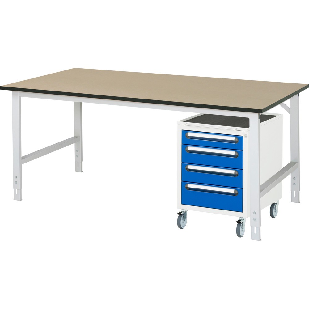 Číslo obrázku produktu 1: Dílenská sestava RAU TOM 2dílná, s pracovním stolem, VxŠxH 760-1080 x 2500 x 1000 mm, pracovní deska MDF, plus mobilní kontejner se 3 zásuvkami, VxŠxH 690 x 480 x 600 mm