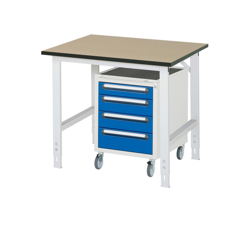 Číslo obrázku produktu 1: Dílenská sestava RAU TOM 2dílná, s pracovním stolem, VxŠxH 760-1080 x 1000 x 800 mm, pracovní deska MDF, plus mobilní kontejner se 3 zásuvkami, VxŠxH 690 x 480 x 600 mm