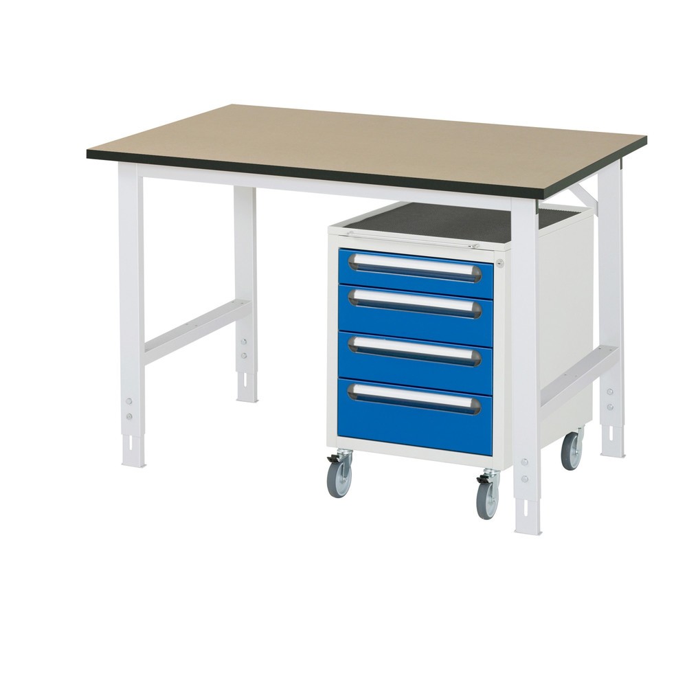 Číslo obrázku produktu 1: Dílenská sestava RAU TOM 2dílná, s pracovním stolem, VxŠxH 760-1080 x 1250 x 800 mm, pracovní deska MDF, plus mobilní kontejner se 3 zásuvkami, VxŠxH 690 x 480 x 600 mm