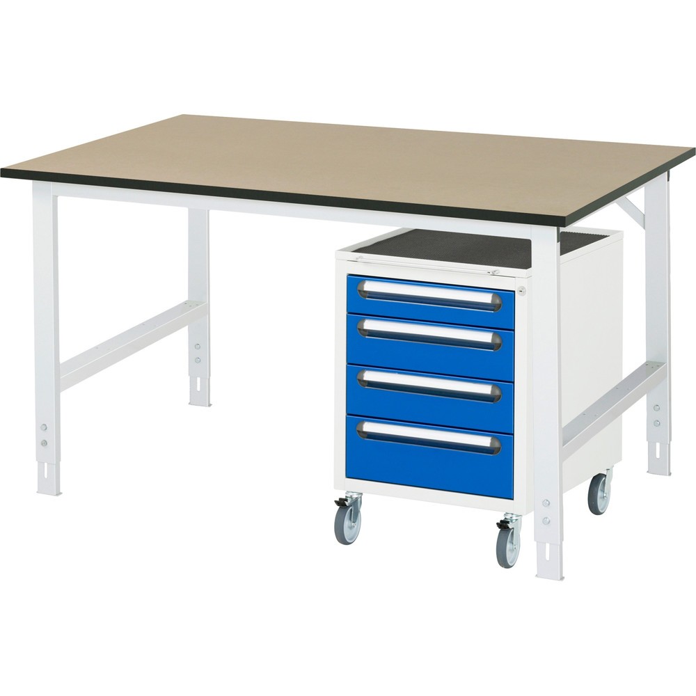 Číslo obrázku produktu 1: Dílenská sestava RAU TOM 2dílná, s pracovním stolem, VxŠxH 760-1080 x 1500 x 800 mm, pracovní deska MDF, plus mobilní kontejner se 3 zásuvkami, VxŠxH 690 x 480 x 600 mm