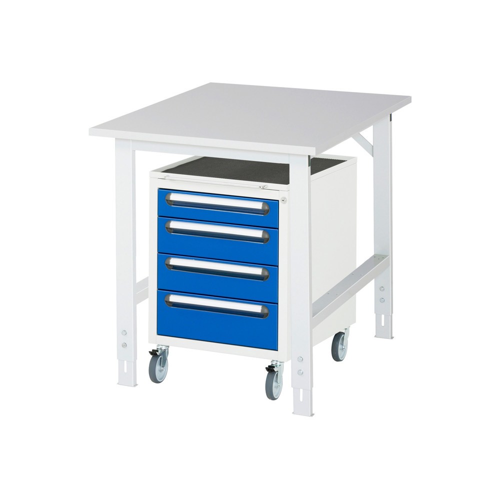 Číslo obrázku produktu 1: Dílenská sestava RAU TOM 2dílná, s pracovním stolem, VxŠxH 760-1080 x 750 x 1000 mm, pracovní deska s melaminovým povrchem, plus mobilní kontejner se 3 zásuvkami, VxŠxH 690 x 480 x 600 mm