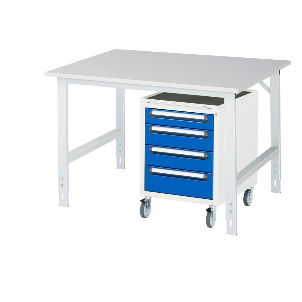 Číslo obrázku produktu 1: Dílenská sestava RAU TOM 2dílná, s pracovním stolem, VxŠxH 760-1080 x 1250 x 1000 mm, pracovní deska s melaminovým povrchem, plus mobilní kontejner se 3 zásuvkami, VxŠxH 690 x 480 x 600 mm