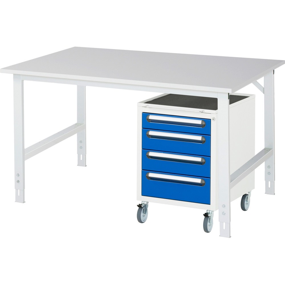 Číslo obrázku produktu 1: Dílenská sestava RAU TOM 2dílná, s pracovním stolem, VxŠxH 760-1080 x 1500 x 1000 mm, pracovní deska s melaminovým povrchem, plus mobilní kontejner se 3 zásuvkami, VxŠxH 690 x 480 x 600 mm