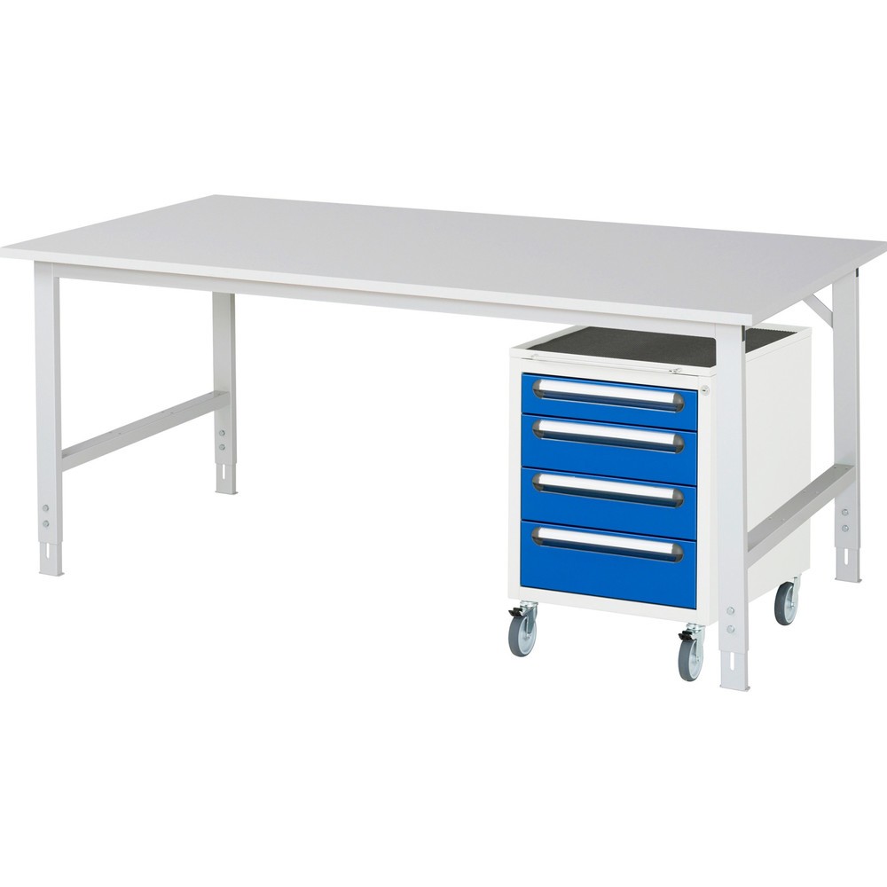 Číslo obrázku produktu 1: Dílenská sestava RAU TOM 2dílná, s pracovním stolem, VxŠxH 760-1080 x 2500 x 1000 mm, pracovní deska s melaminovým povrchem, plus mobilní kontejner se 3 zásuvkami, VxŠxH 690 x 480 x 600 mm