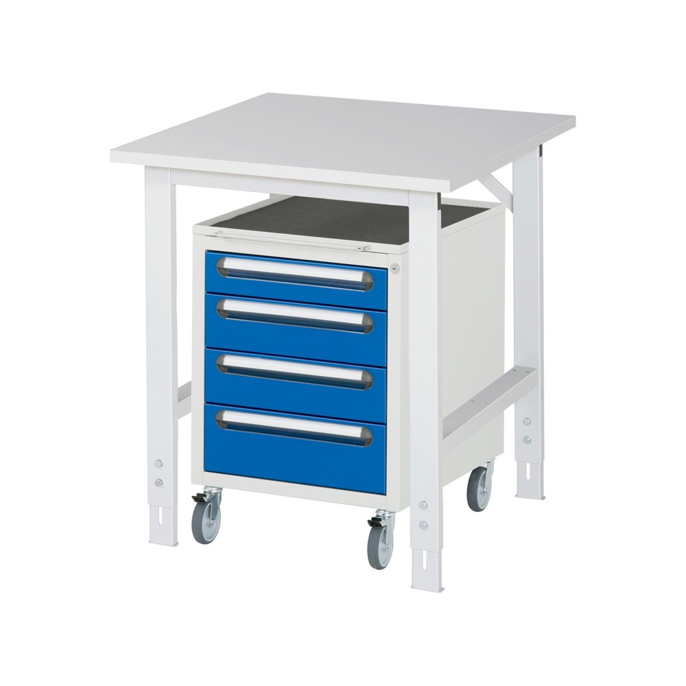 Číslo obrázku produktu 1: Dílenská sestava RAU TOM 2dílná, s pracovním stolem, VxŠxH 760-1080 x 750 x 800 mm, pracovní deska s melaminovým povrchem, plus mobilní kontejner se 3 zásuvkami, VxŠxH 690 x 480 x 600 mm