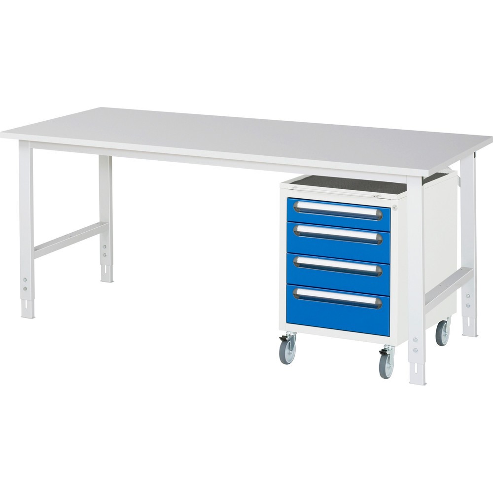 Číslo obrázku produktu 1: Dílenská sestava RAU TOM 2dílná, s pracovním stolem, VxŠxH 760-1080 x 2500 x 800 mm, pracovní deska s melaminovým povrchem, plus mobilní kontejner se 3 zásuvkami, VxŠxH 690 x 480 x 600 mm