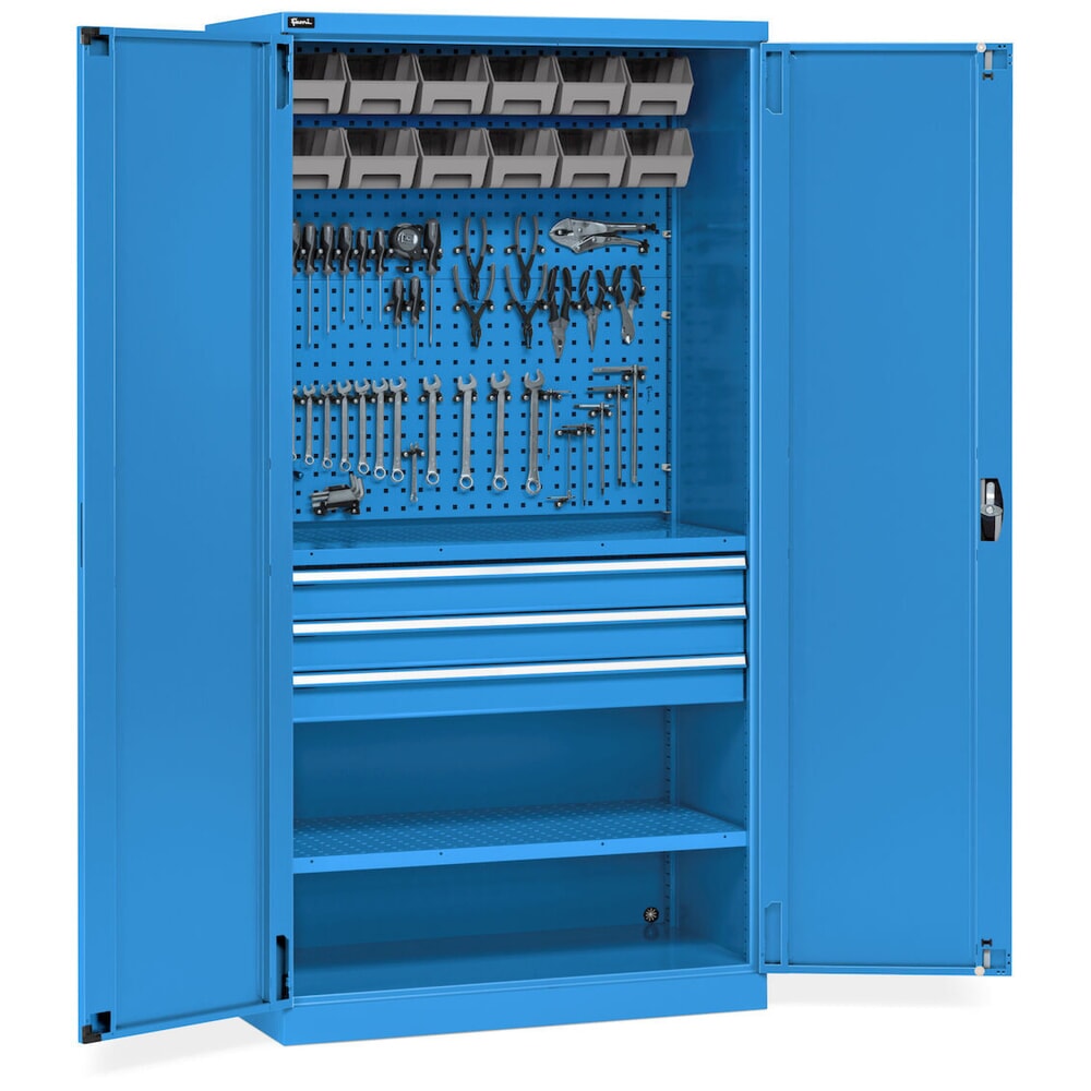 Číslo obrázku produktu 11: Dílenská skříň Fami PERFOM, 3 zásuvky, děrované desky, skladovací boxy, VxŠxH 2000 x 1023 x 726 mm, světle modrá