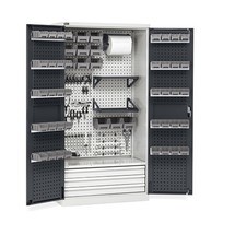 Dílenská skříň Fami PERFOM, 4 děrované police, 3 zásuvky, děrované desky pro dveře, skladovací boxy, VxŠxH 2000 x 1023 x 726 mm, světle šedá, antracit