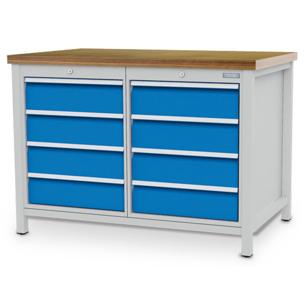 Číslo obrázku produktu 1: Dílenský stůl se skříňkou Bedrunka+Hirth R 18-24, VxŠxH 859 x 1250 x 750 mm, světle šedá, světle modrá, 8 ks zásuvka 8x150 mm