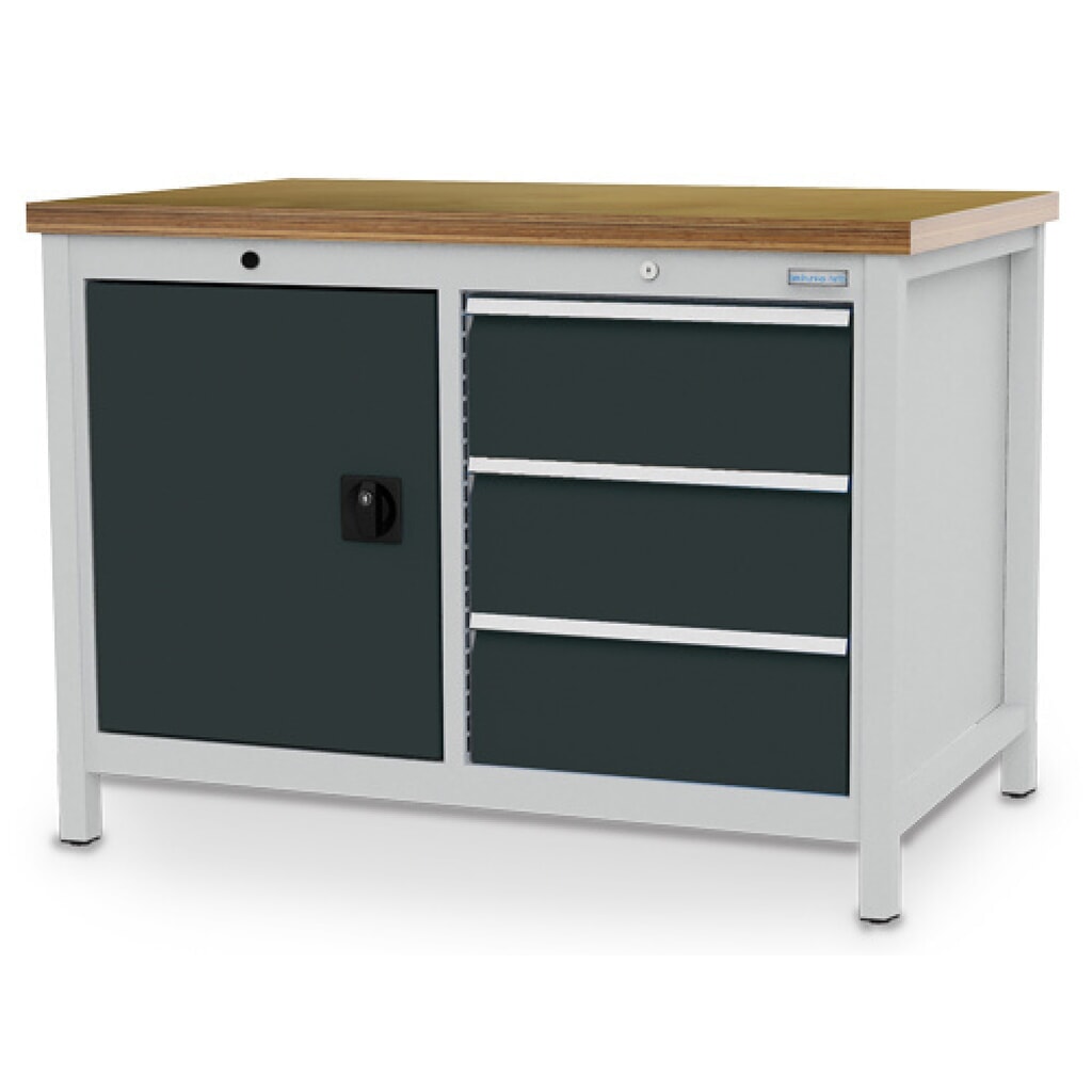 Dílenský stůl se skříňkou Bedrunka+Hirth R 18-24, VxŠxH 859 x 1250 x 750 mm, světle šedá, antracitová šedá, 3 ks zásuvka 3x200 mm, 1 křídlové dveře 1x600 mm Obrázek produktu: Dílenský stůl se skříňkou Bedrunka+Hirth R 18-24, VxŠxH 859 x 1250 x 750 mm, světle šedá, antracitová šedá, 3 ks zásuvka 3x200 mm, 1 křídlové dveře 1x600 mm