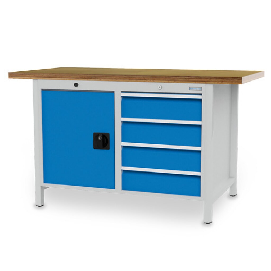 Obrázek produktu: Dílenský stůl se skříňkou Bedrunka+Hirth R 18-24, VxŠxH 859 x 1500 x 750 mm, světle šedá, světle modrá, 4 ks zásuvka 4x150 mm, 1 křídlové dveře 1x600 mm