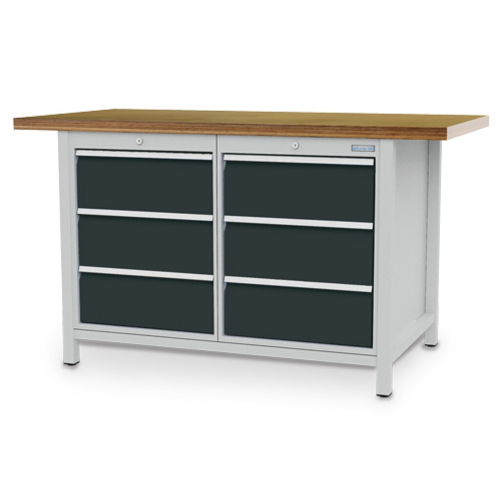 Obrázek produktu: Dílenský stůl se skříňkou Bedrunka+Hirth R 18-24, VxŠxH 859 x 1500 x 750 mm, světle šedá, antracitová šedá, 6 ks zásuvka 6x200 mm