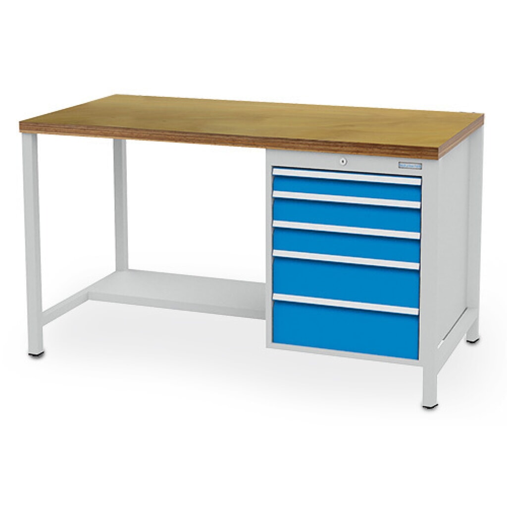 Obrázek produktu: Dílenský stůl se skříňkou Bedrunka+Hirth R 18-24, VxŠxH 859 x 1500 x 750 mm, světle šedá, světle modrá, 5 ks zásuvka 1x75 + 2x100 + 1x150 + 1x175 mm