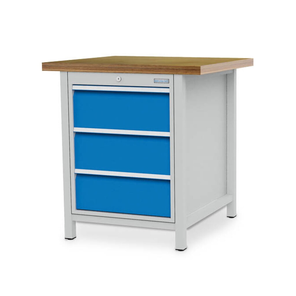 Obrázek produktu: Dílenský stůl se skříňkou Bedrunka+Hirth R 18-24, VxŠxH 959 x 810 x 750 mm, světle šedá, světle modrá, 3 ks zásuvka 3x200 mm