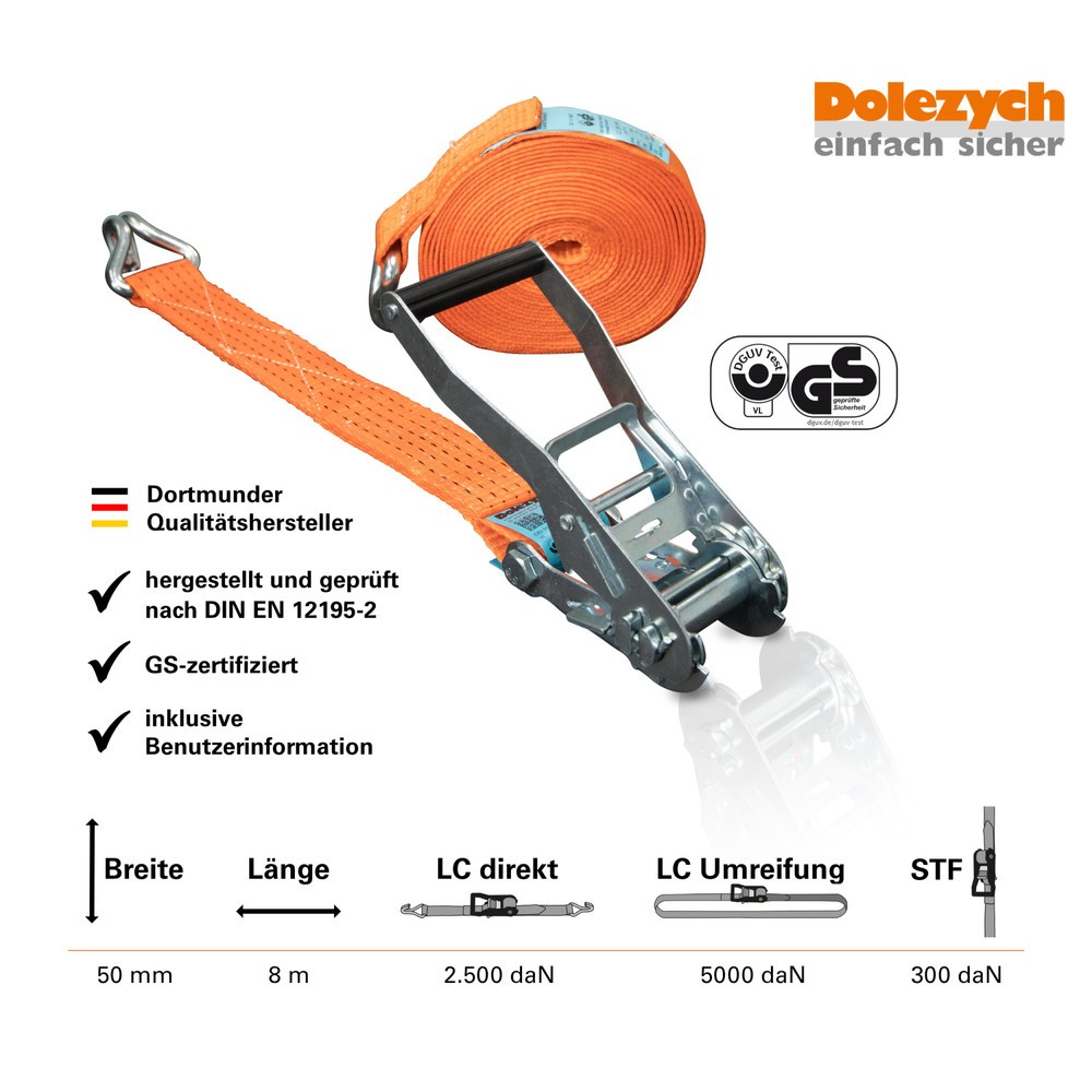 Číslo obrázku produktu 4: Dolezych upevňovací popruh DozURR 5000, s tlakovou rohatkou a profilovým hák, délka 8 m
