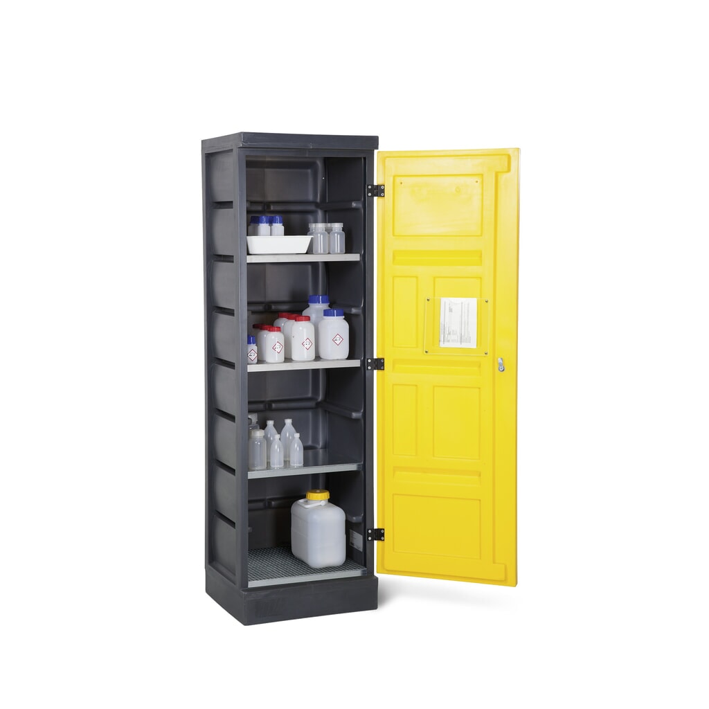 Obrázek produktu: Denios skříň na chemikálie z PE, VxŠxH 1.990 x 610 x 640 mm, 3 vany + 1 mřížový rošt z nerezové oceli