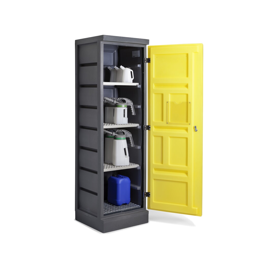 Denios skříň na chemikálie z PE, VxŠxH 1.990 x 610 x 640 mm, 4 mřížové rošty, pozinkované Obrázek produktu: Denios skříň na chemikálie z PE, VxŠxH 1.990 x 610 x 640 mm, 4 mřížové rošty, pozinkované