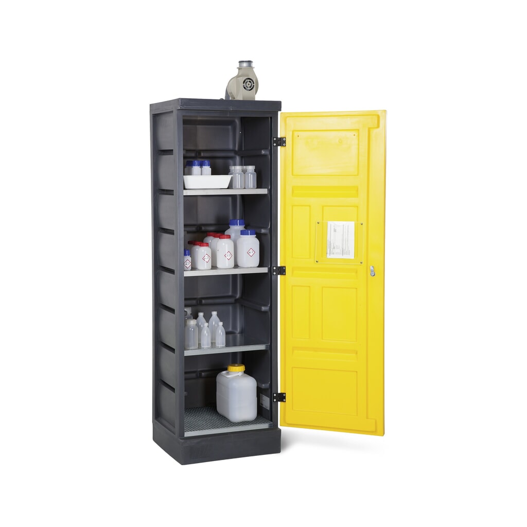 Denios skříň na chemikálie z PE, VxŠxH 1.990 x 610 x 640 mm, 3 vany + 1 mřížový rošt, pozinkované Obrázek produktu: Denios skříň na chemikálie z PE, VxŠxH 1.990 x 610 x 640 mm, 3 vany + 1 mřížový rošt, pozinkované