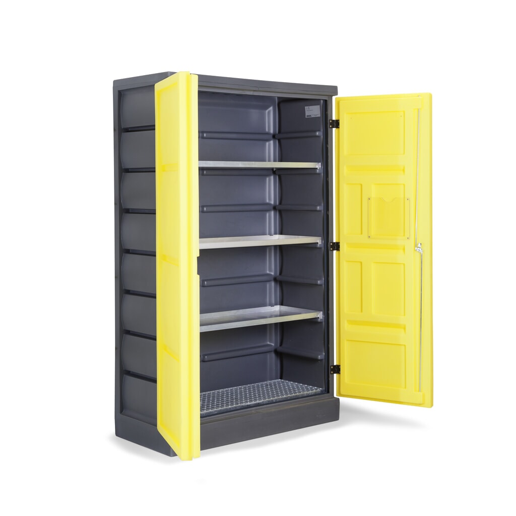 Denios skříň na chemikálie z PE, VxŠxH 1.990 x 1 225 x 640 mm, 3 vany + 1 mřížový rošt z nerezové oceli Obrázek produktu: Denios skříň na chemikálie z PE, VxŠxH 1.990 x 1 225 x 640 mm, 3 vany + 1 mřížový rošt z nerezové oceli