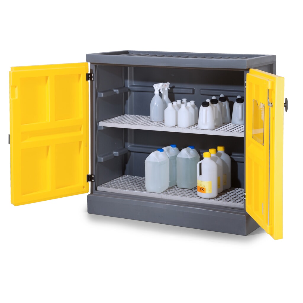 Denios skříň na chemikálie z PE, VxŠxH 1.130 x 1 225 x 640 mm, 2 mřížové rošty z nerezové oceli Obrázek produktu: Denios skříň na chemikálie z PE, VxŠxH 1.130 x 1 225 x 640 mm, 2 mřížové rošty z nerezové oceli