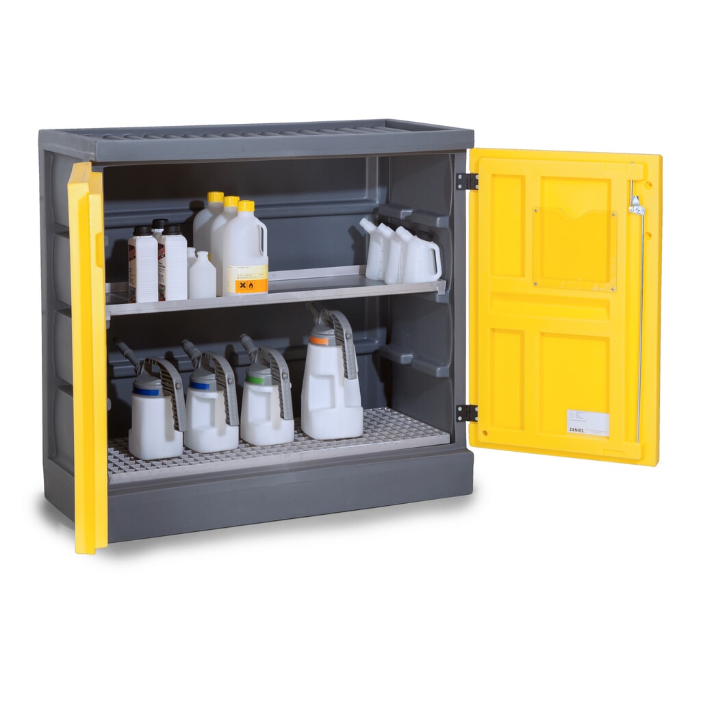 Denios skříň na chemikálie z PE, VxŠxH 1.130 x 1 225 x 640 mm, 1 vana + 1 mřížový rošt z nerezové oceli Obrázek produktu: Denios skříň na chemikálie z PE, VxŠxH 1.130 x 1 225 x 640 mm, 1 vana + 1 mřížový rošt z nerezové oceli