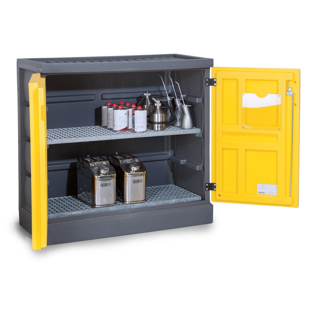 Denios skříň na chemikálie z PE, VxŠxH 1.130 x 1 225 x 640 mm, 2 mřížové rošty, pozinkované Obrázek produktu: Denios skříň na chemikálie z PE, VxŠxH 1.130 x 1 225 x 640 mm, 2 mřížové rošty, pozinkované
