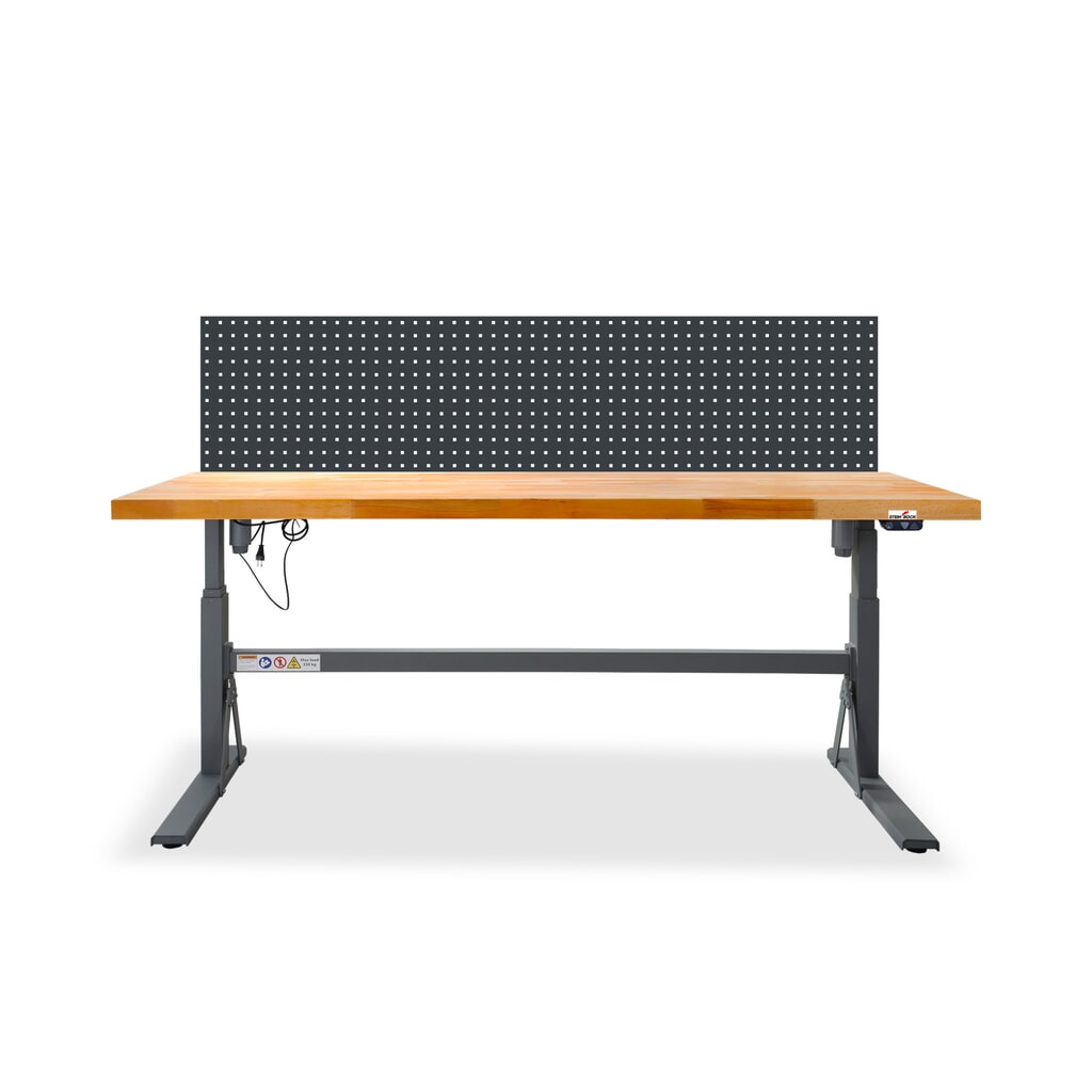 Elektrický výškově nastavitelný pracovní stůl Steinbock® e-Adjust, se stěnou s otvory, VxŠxH 700-1170 x 2000 x 750 mm, nosnost 350 kg Obrázek produktu: Elektrický výškově nastavitelný pracovní stůl Steinbock® e-Adjust, se stěnou s otvory, VxŠxH 700-1170 x 2000 x 750 mm, nosnost 350 kg