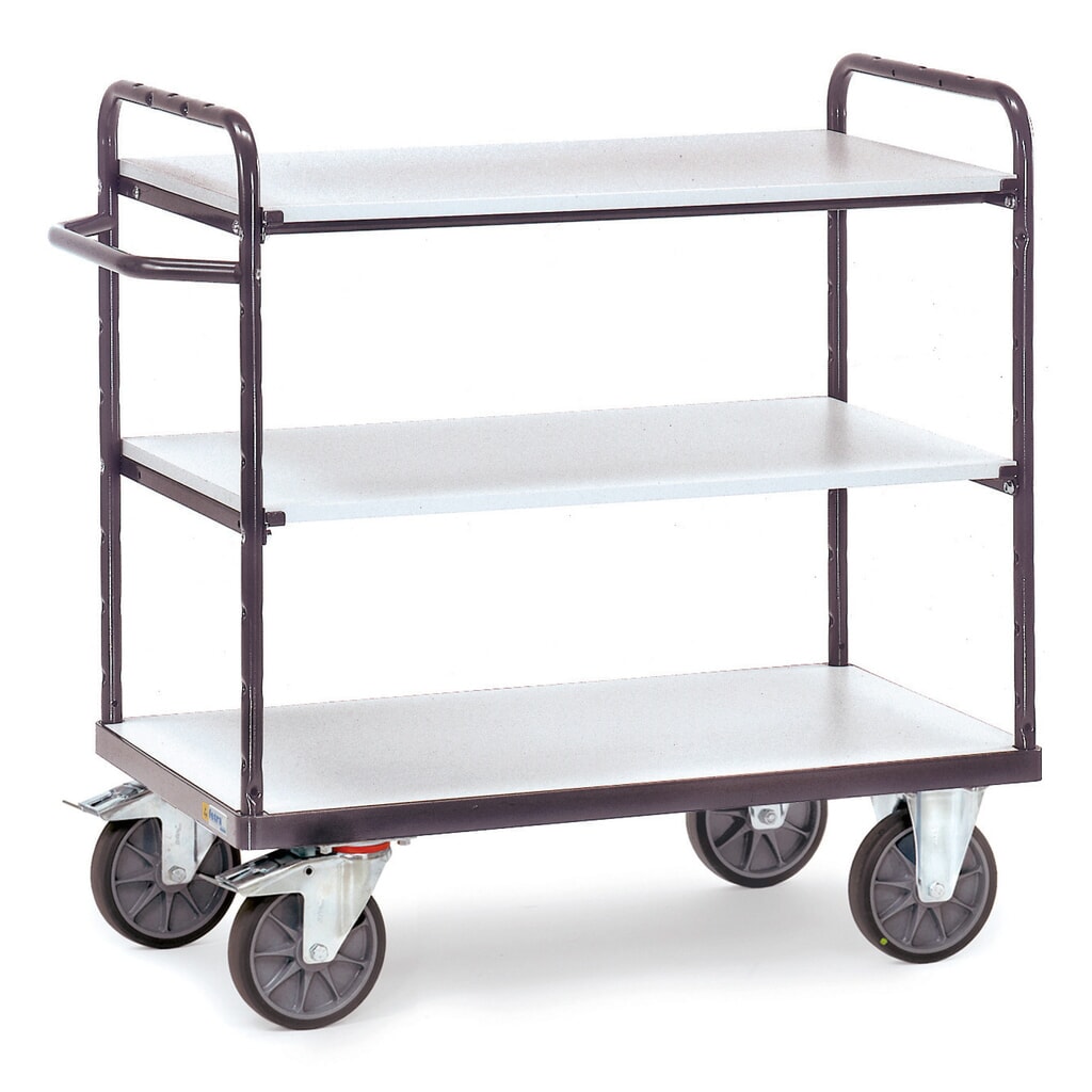 fetra® etážový vozík ESD, s dřevěnými policemi, 3 ložné plochy à 600 × 1000 mm, výška 1152 mm Obrázek produktu: fetra® etážový vozík ESD, s dřevěnými policemi, 3 ložné plochy à 600 × 1000 mm, výška 1152 mm