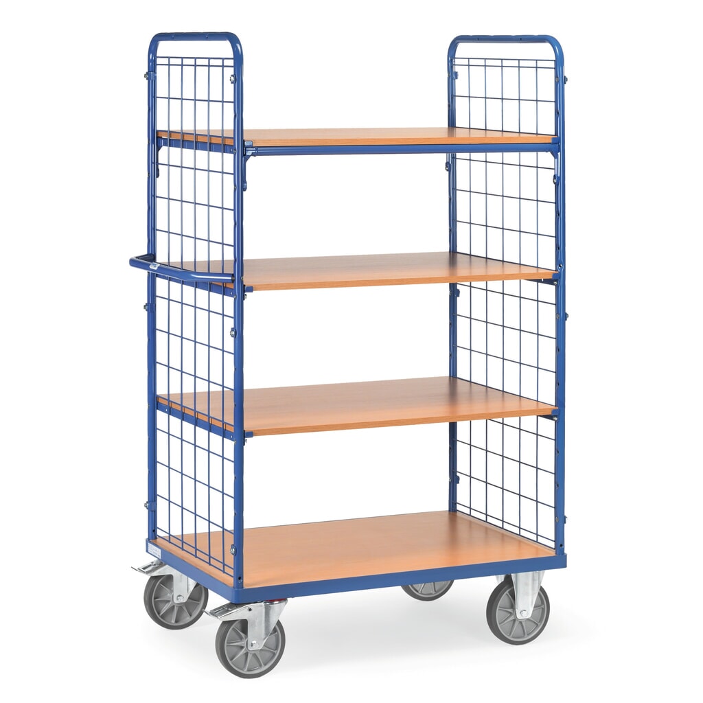 Etážový vozík fetra® s pevnými policemi, 2 mřížové bočnice, 4 patra à 1000 x 700 mm Obrázek produktu: Etážový vozík fetra® s pevnými policemi, 2 mřížové bočnice, 4 patra à 1000 x 700 mm