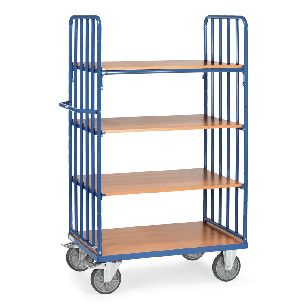 Etážový vozík fetra® s vertikálními trubkovými vzpěrami, 2 bočnice, 4 patra à 1000 x 600 mm Obrázek produktu: Etážový vozík fetra® s vertikálními trubkovými vzpěrami, 2 bočnice, 4 patra à 1000 x 600 mm