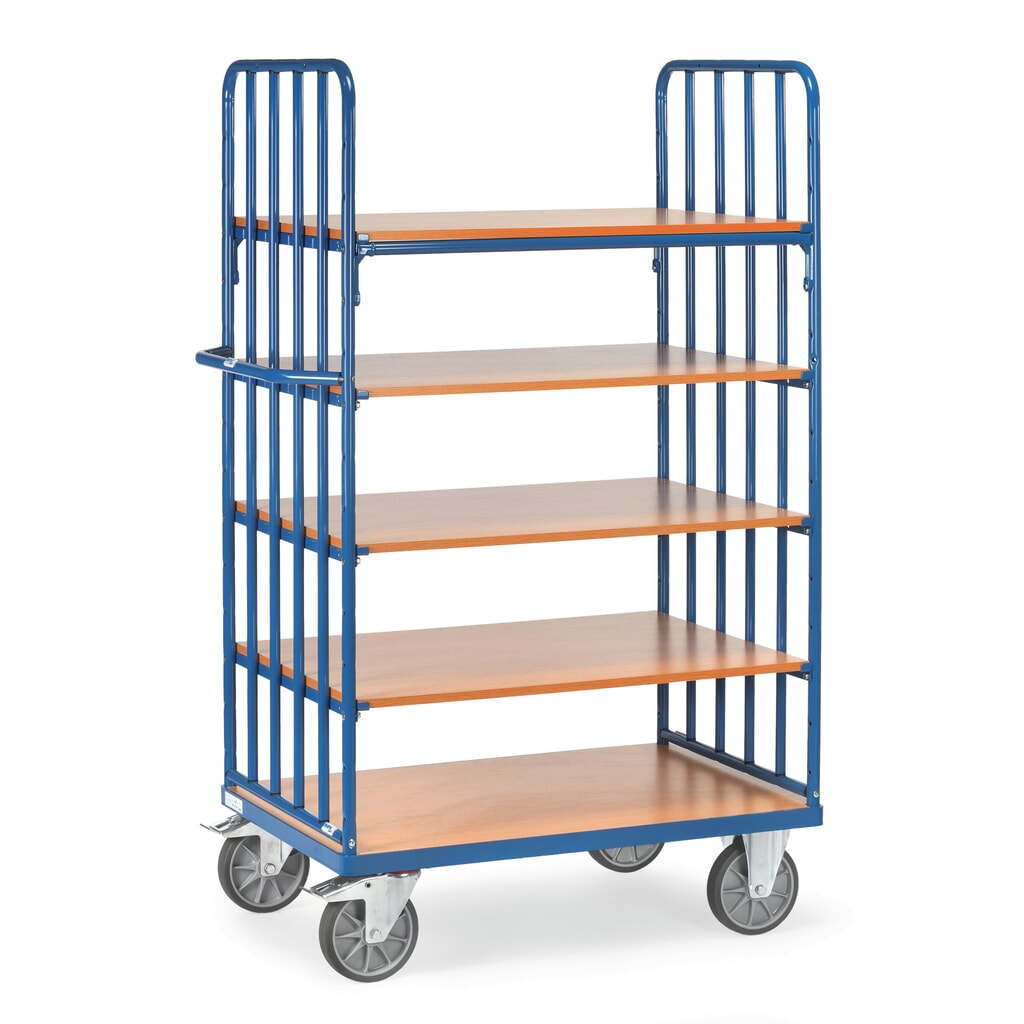 Etážový vozík fetra® s vertikálními trubkovými vzpěrami, 2 bočnice, 5 patra à 1000 x 600 mm Obrázek produktu: Etážový vozík fetra® s vertikálními trubkovými vzpěrami, 2 bočnice, 5 patra à 1000 x 600 mm