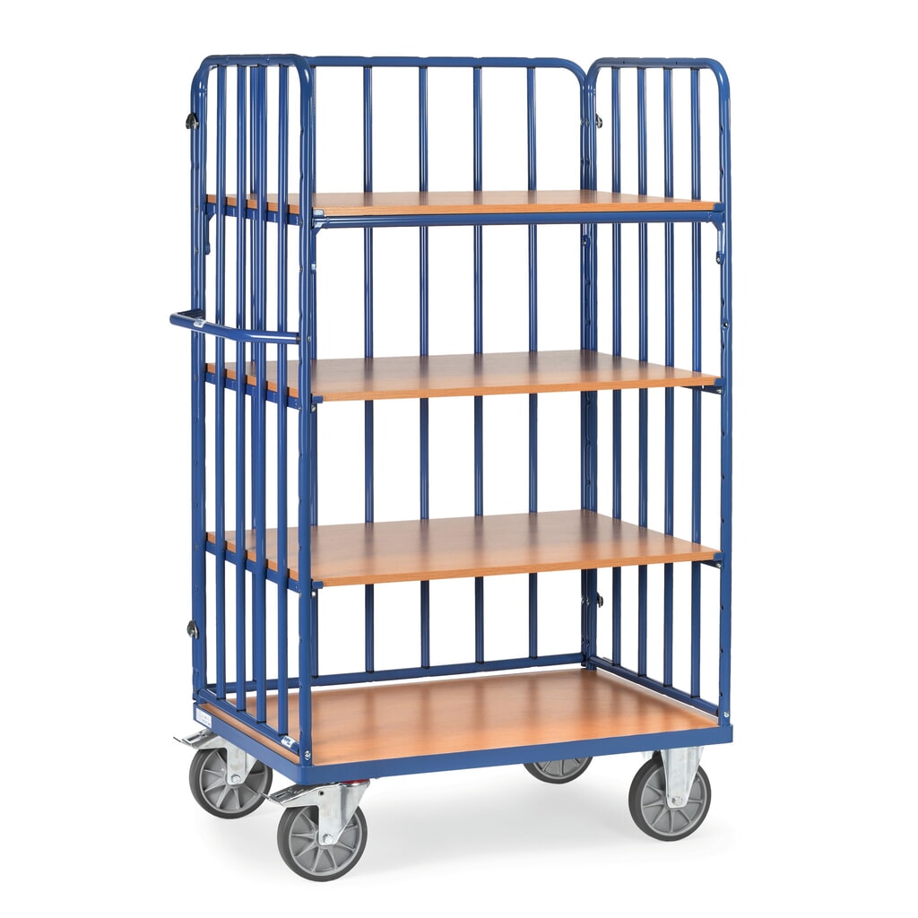 Etážový vozík fetra® s vertikálními trubkovými vzpěrami, 3 bočnice, 4 patra à 1000 × 600 mm, výška 1800 mm Obrázek produktu: Etážový vozík fetra® s vertikálními trubkovými vzpěrami, 3 bočnice, 4 patra à 1000 × 600 mm, výška 1800 mm
