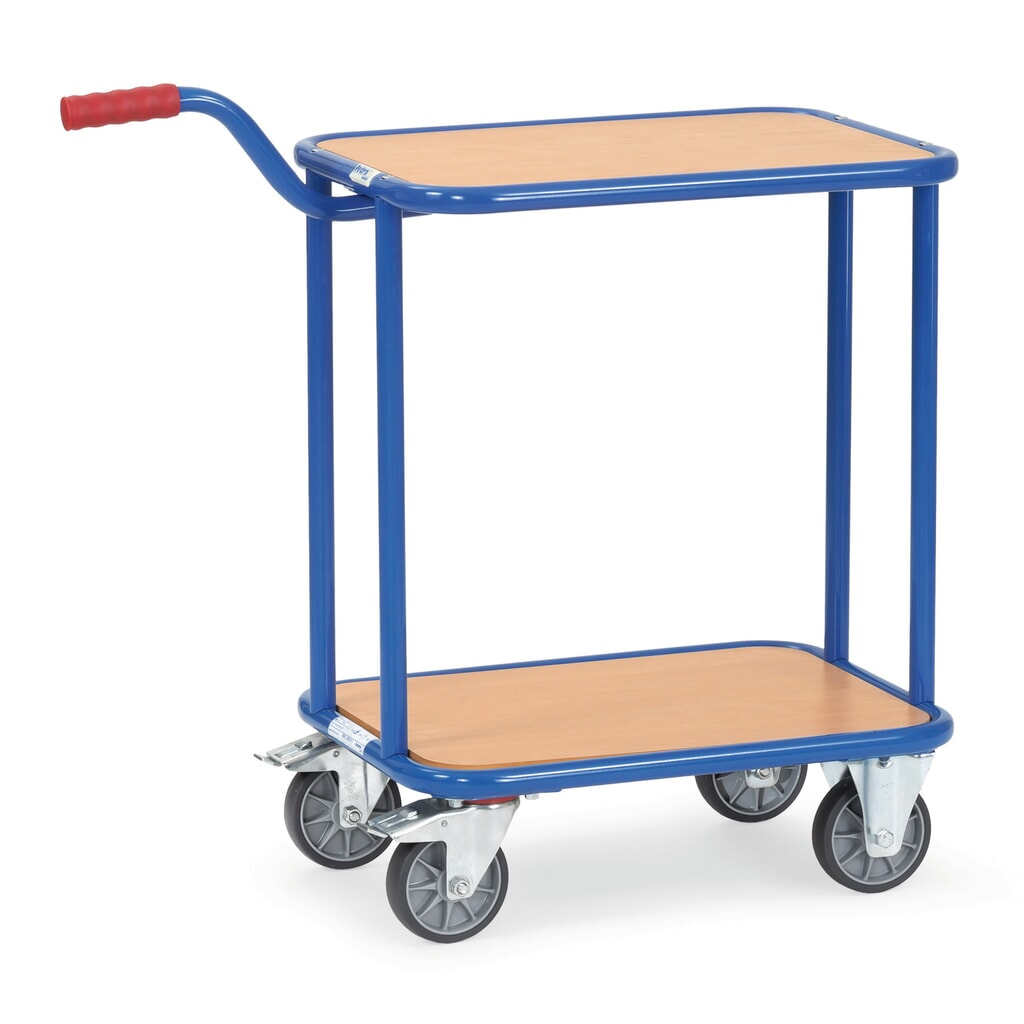 Etážový vozík s rukojetí fetra®, s dřevěnými policemi, 2 patra à 600 x 450 mm Obrázek produktu: Etážový vozík s rukojetí fetra®, s dřevěnými policemi, 2 patra à 600 x 450 mm