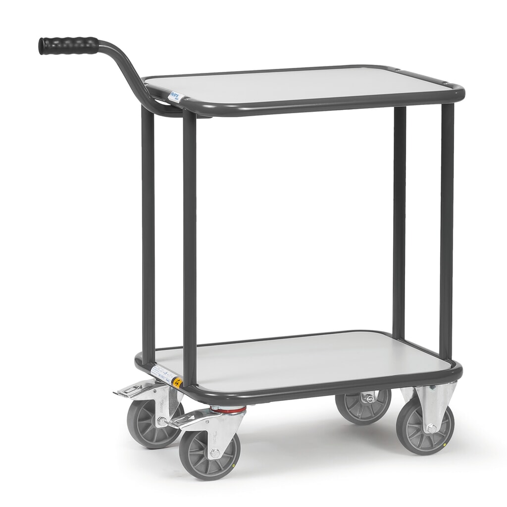 fetra® vozík s rukojetí vozík ESD, s dřevěnými policemi, 2 ložné plochy à 450 × 600 mm Obrázek produktu: fetra® vozík s rukojetí vozík ESD, s dřevěnými policemi, 2 ložné plochy à 450 × 600 mm